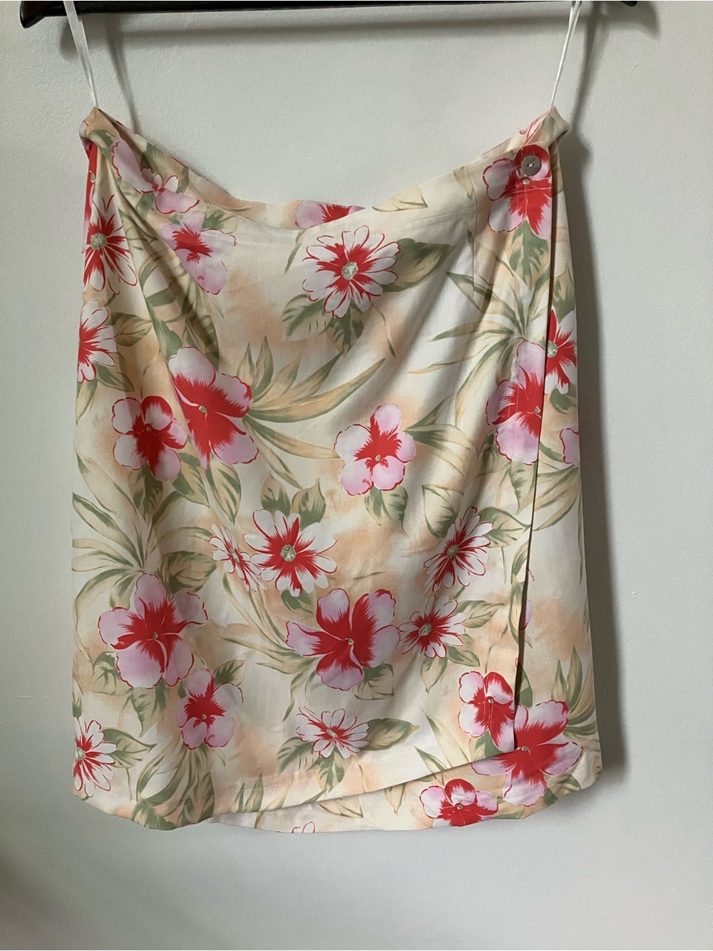 Y2K Pineapple Moon 100% Silk Wrap Mini Skirt Sz L Hawaiian Floral Resortwear
